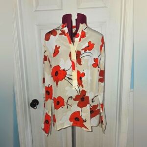 J. Crew Red Poppy Floral Long Sleeve Silk Blouse